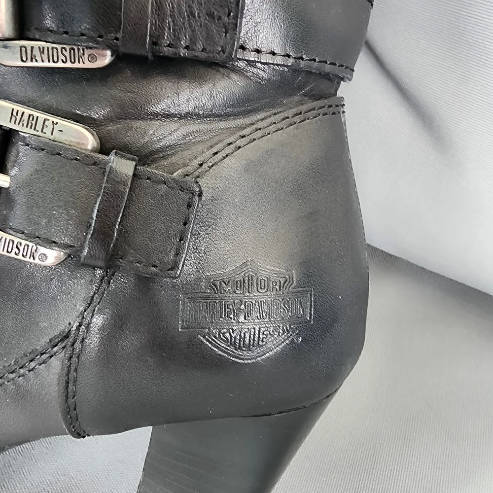 Harley-Davidson Black Strapped Leather Heeled Knee Boots - Picture 6 of 7